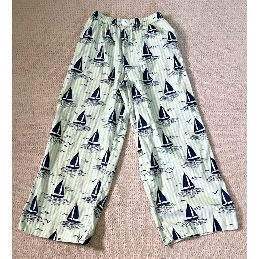 Anthropologie Wren Boxer Pajama Pants Light Mint & Navy Sailboat Medium Like New